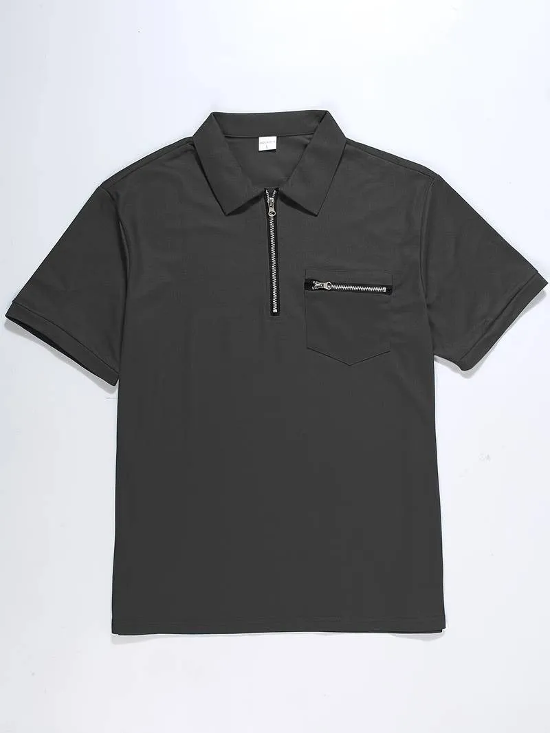 Men's Short-sleeved Lapel Collar T-Shirt Solid Color Quarter Zipped Casual T-Shirt | FLS-4