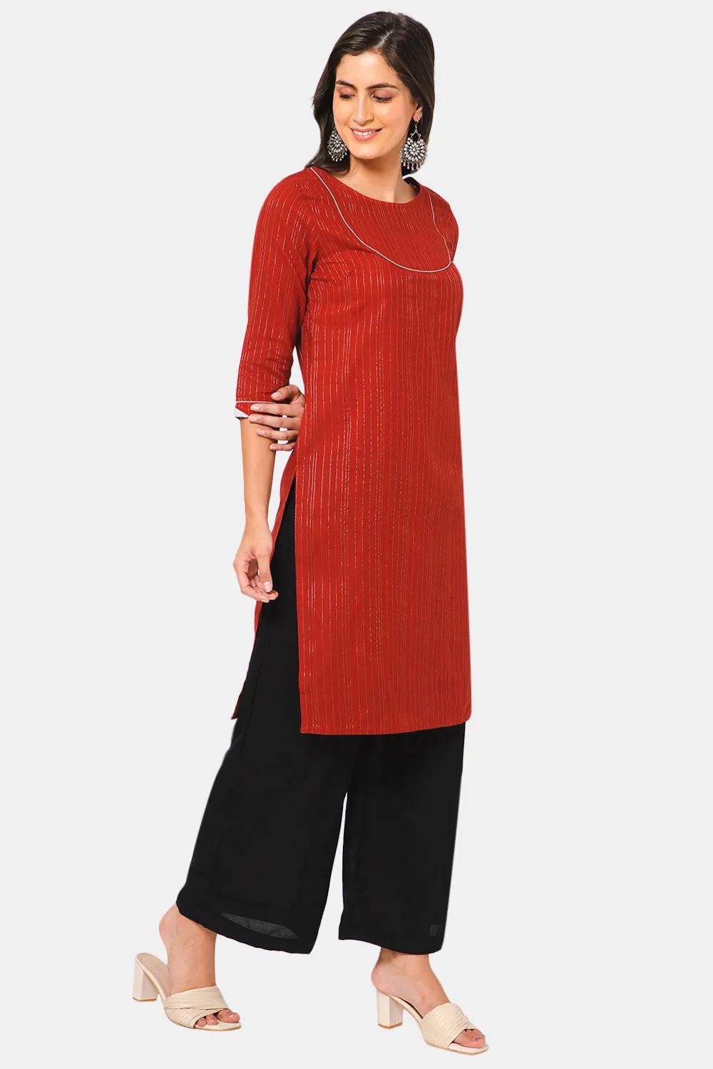 Mythri Women Knee Length Straight Cotton Kurtha - Red - KU38