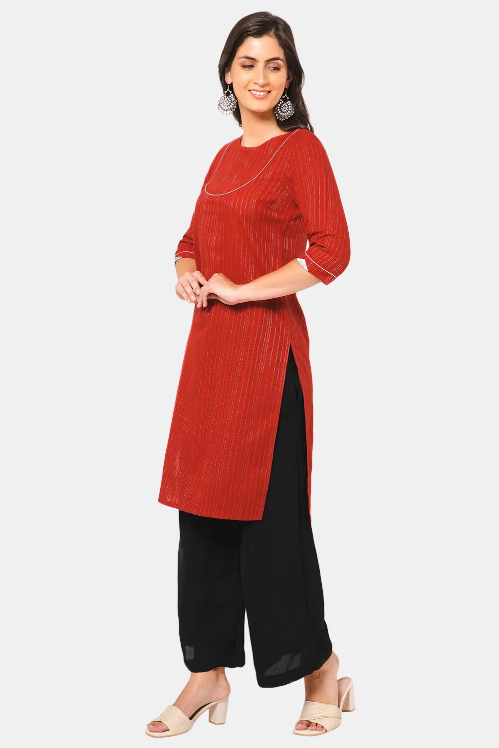 Mythri Women Knee Length Straight Cotton Kurtha - Red - KU38