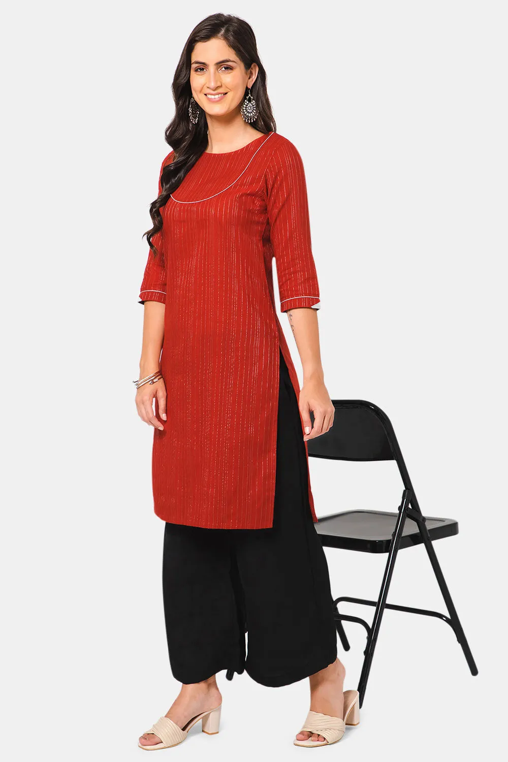 Mythri Women Knee Length Straight Cotton Kurtha - Red - KU38