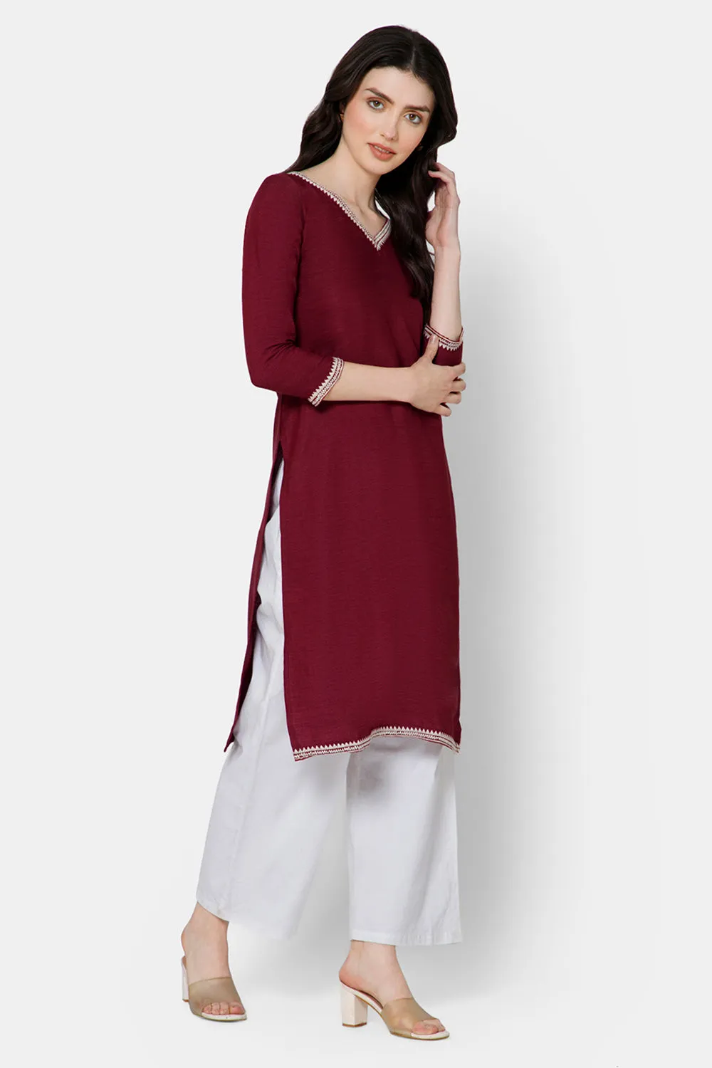 Mythri Women's Casual Kurthi with Minimalistic Embroidery At The Neckline - Red - E076