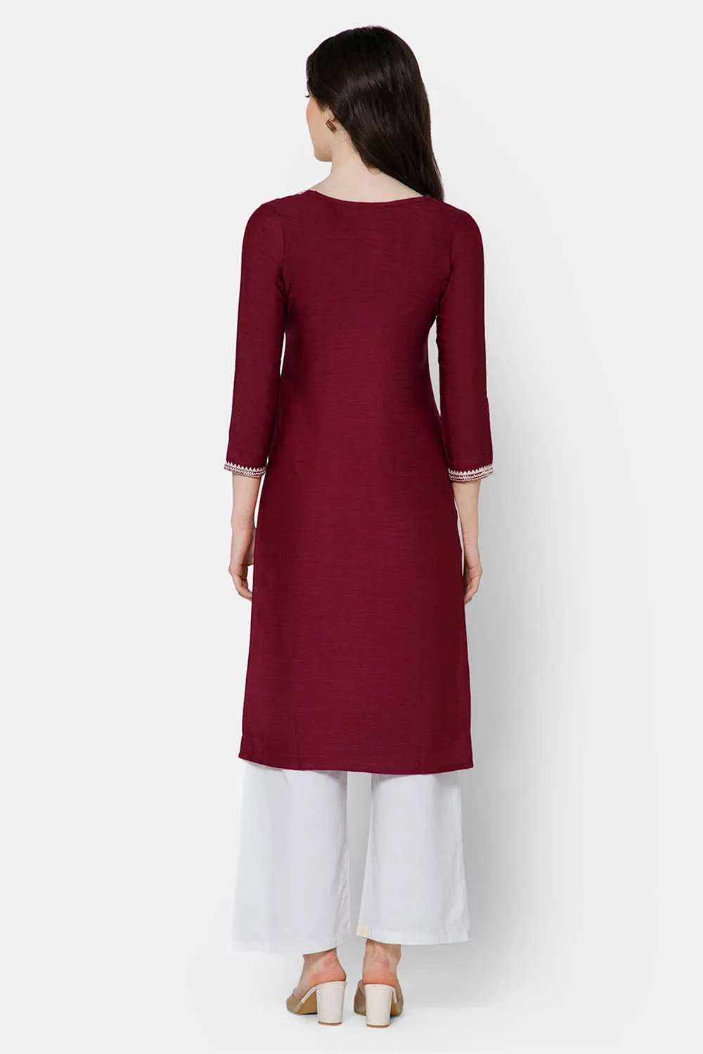 Mythri Women's Casual Kurthi with Minimalistic Embroidery At The Neckline - Red - E076