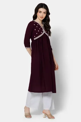 Mythri Women's Ethnic wear Kurthi with Elaborately Embroidered Neckline - Violet - E066