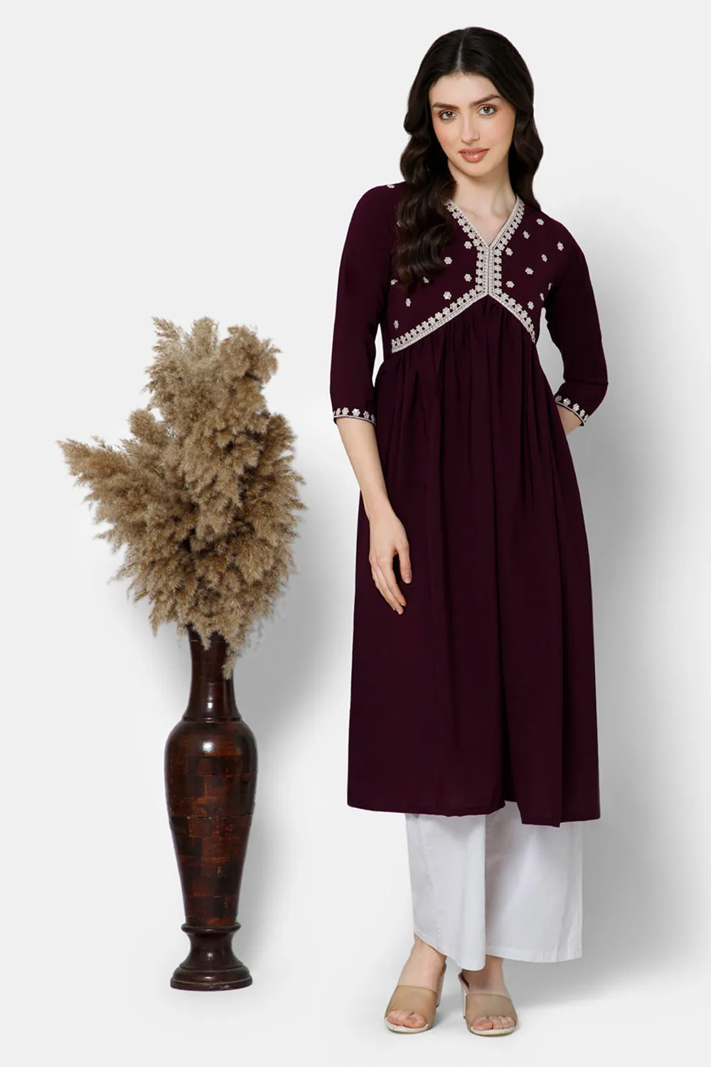 Mythri Women's Ethnic wear Kurthi with Elaborately Embroidered Neckline - Violet - E066