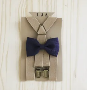 Navy Bow Tie with Khaki Elastic Suspender Set