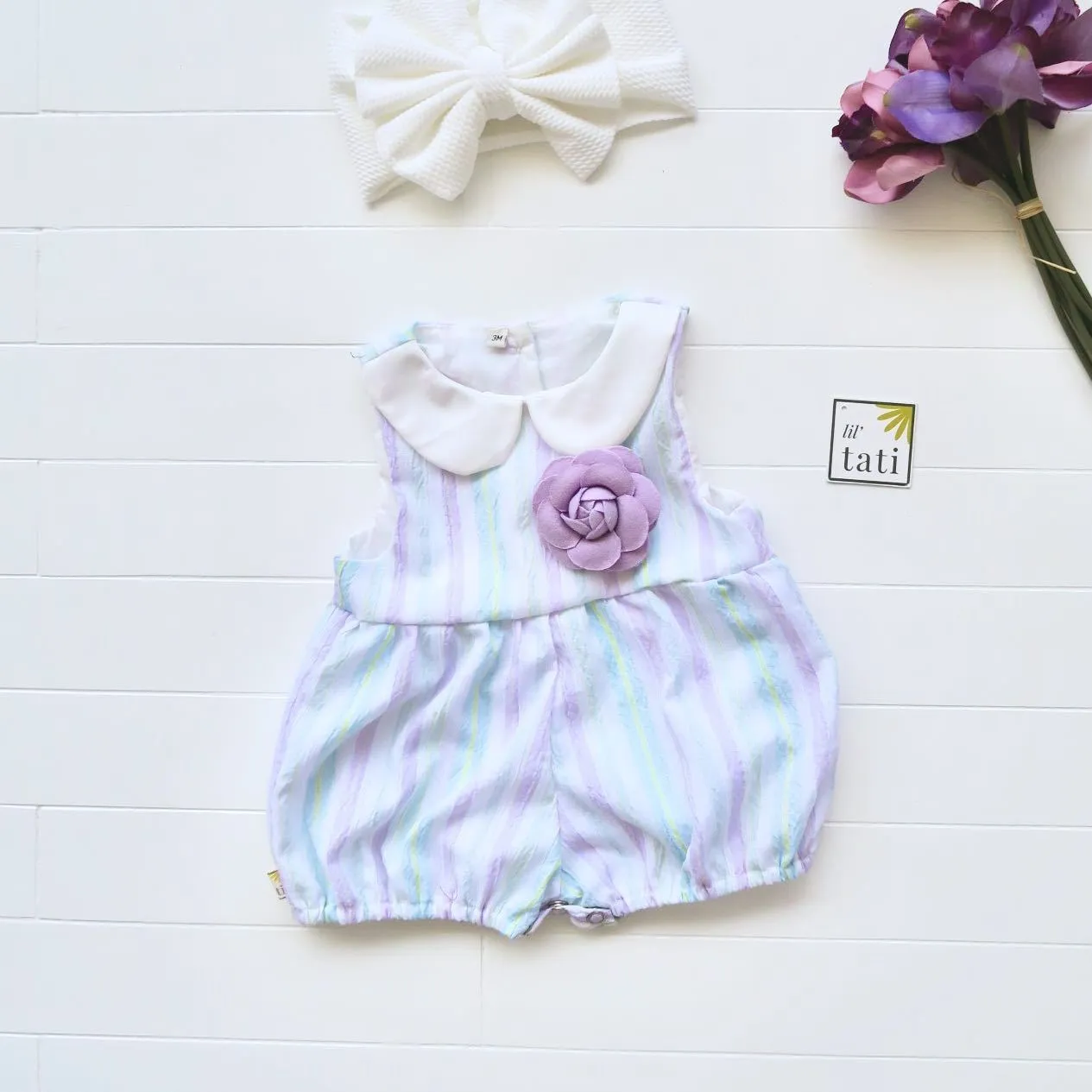 Orchid Playsuit - Collar in Purple Mint Stripes