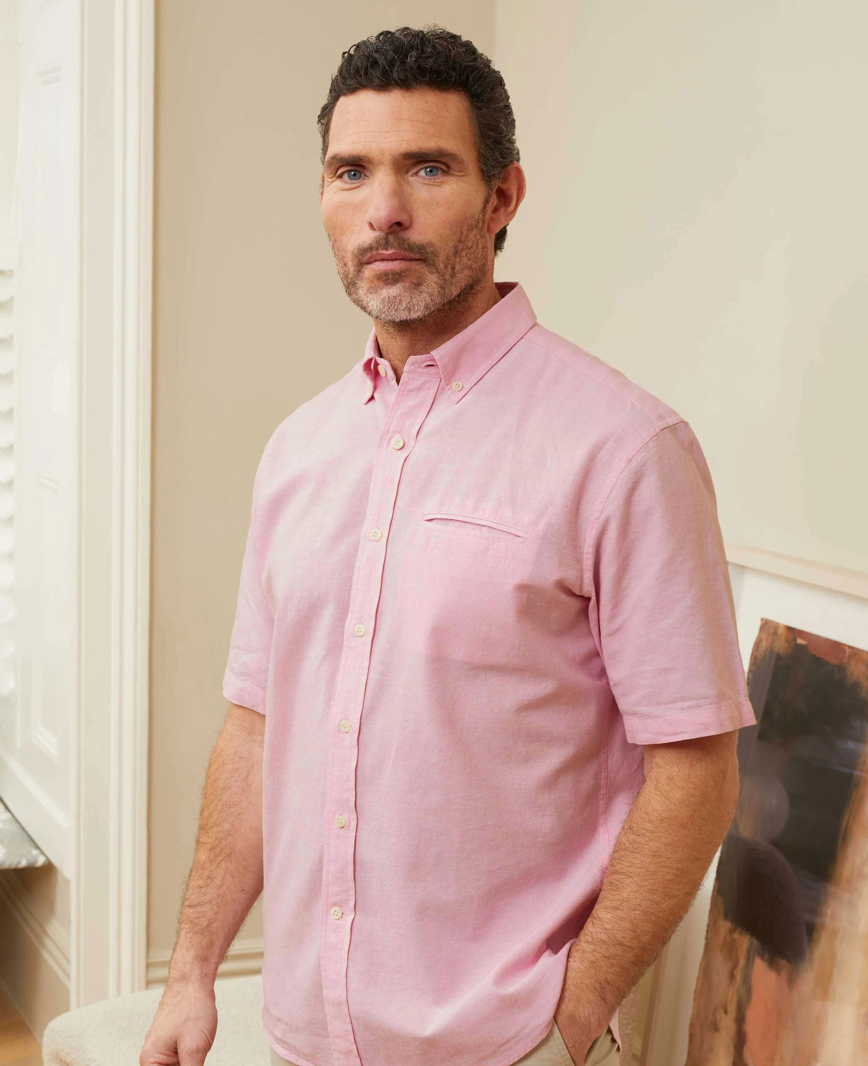 Pink Linen Cotton Short Sleeve Shirt