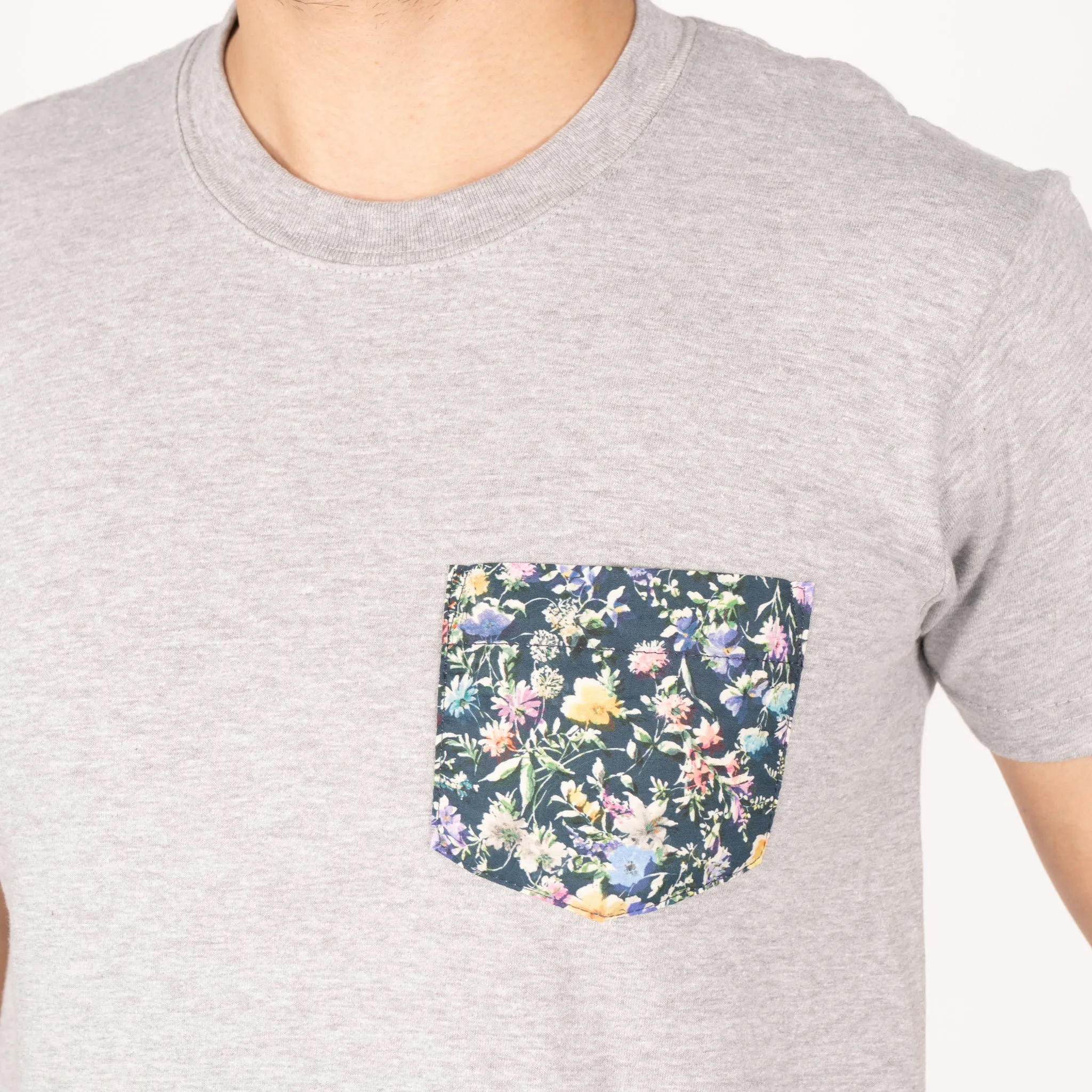 Pocket Tee - Heather Grey - Floral Painting - Navy