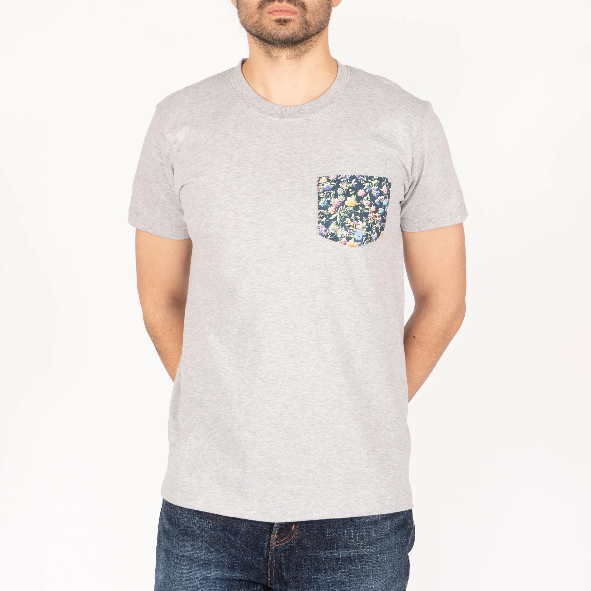 Pocket Tee - Heather Grey - Floral Painting - Navy