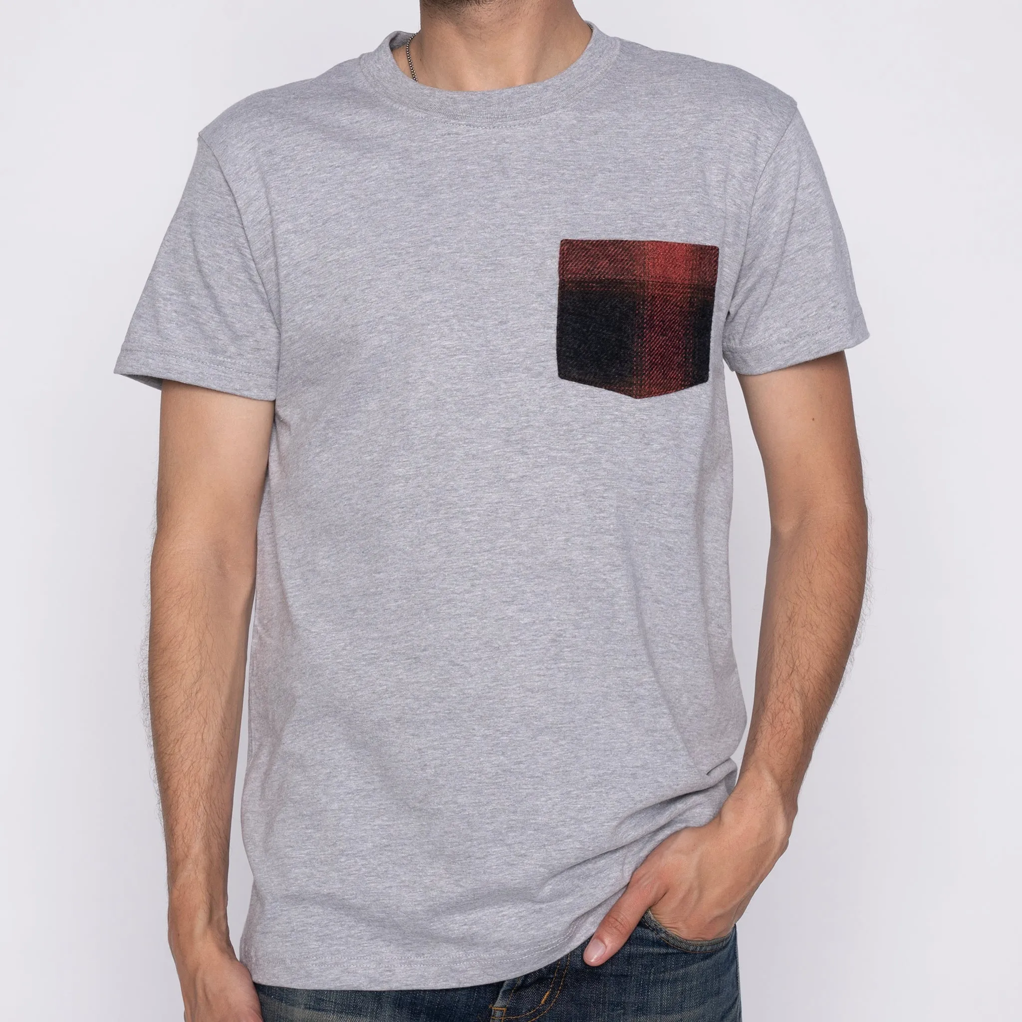 Pocket Tee - Heather Grey   Tweedy Cotton Vintage Brushed - Red