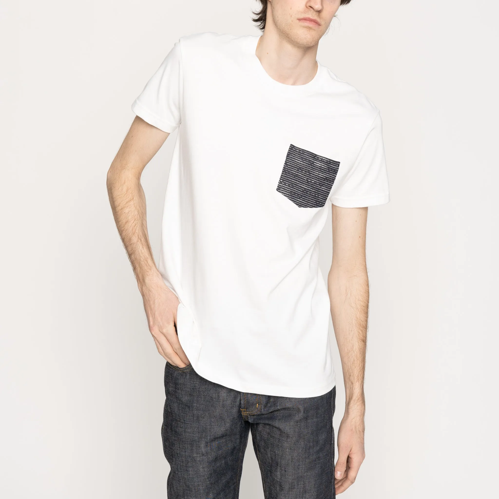 Pocket Tee - White - Slub Sashiko Denim