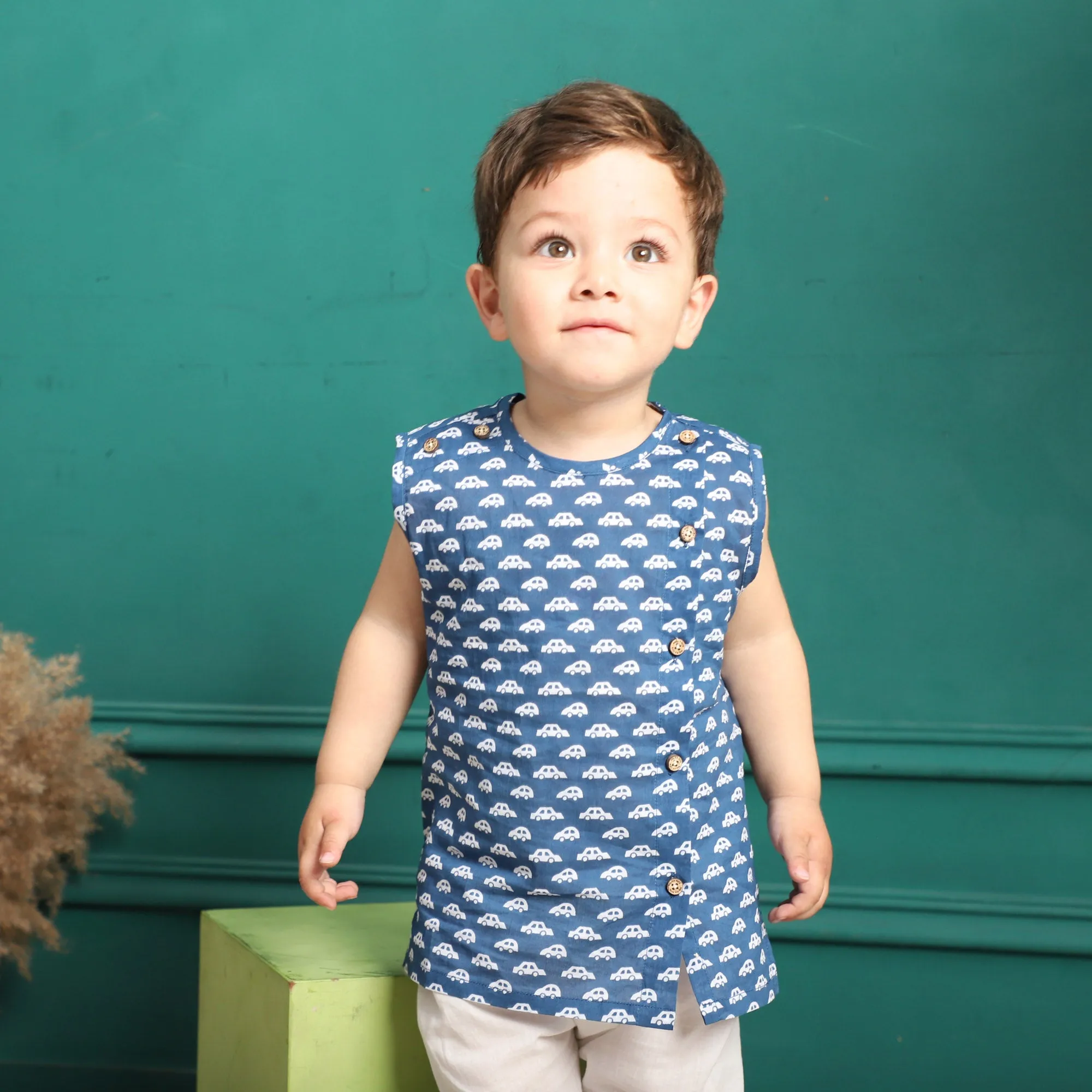 Polka Tots Car Print Sleeveless Jhabla and Pant Set - Navy Blue