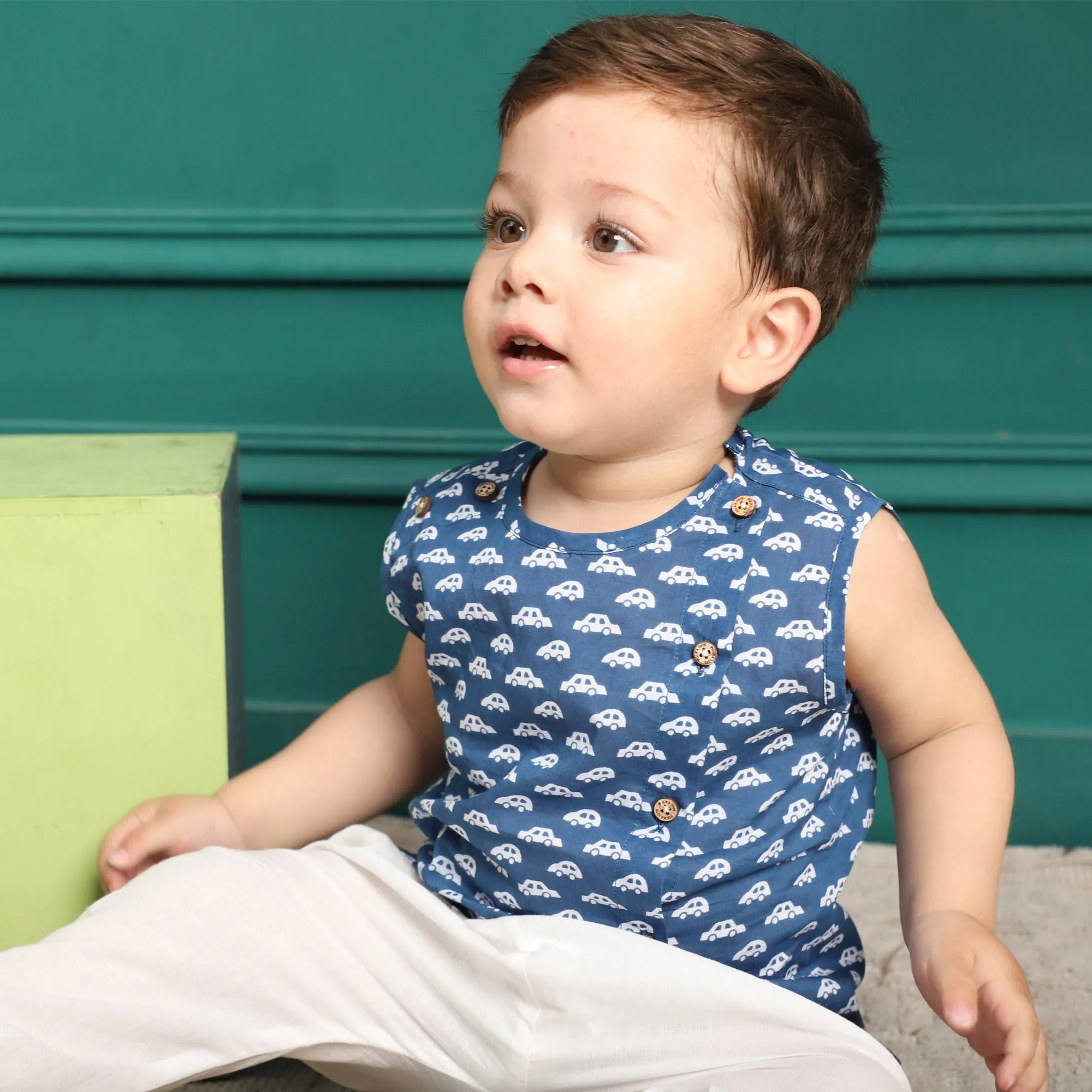 Polka Tots Car Print Sleeveless Jhabla and Pant Set - Navy Blue