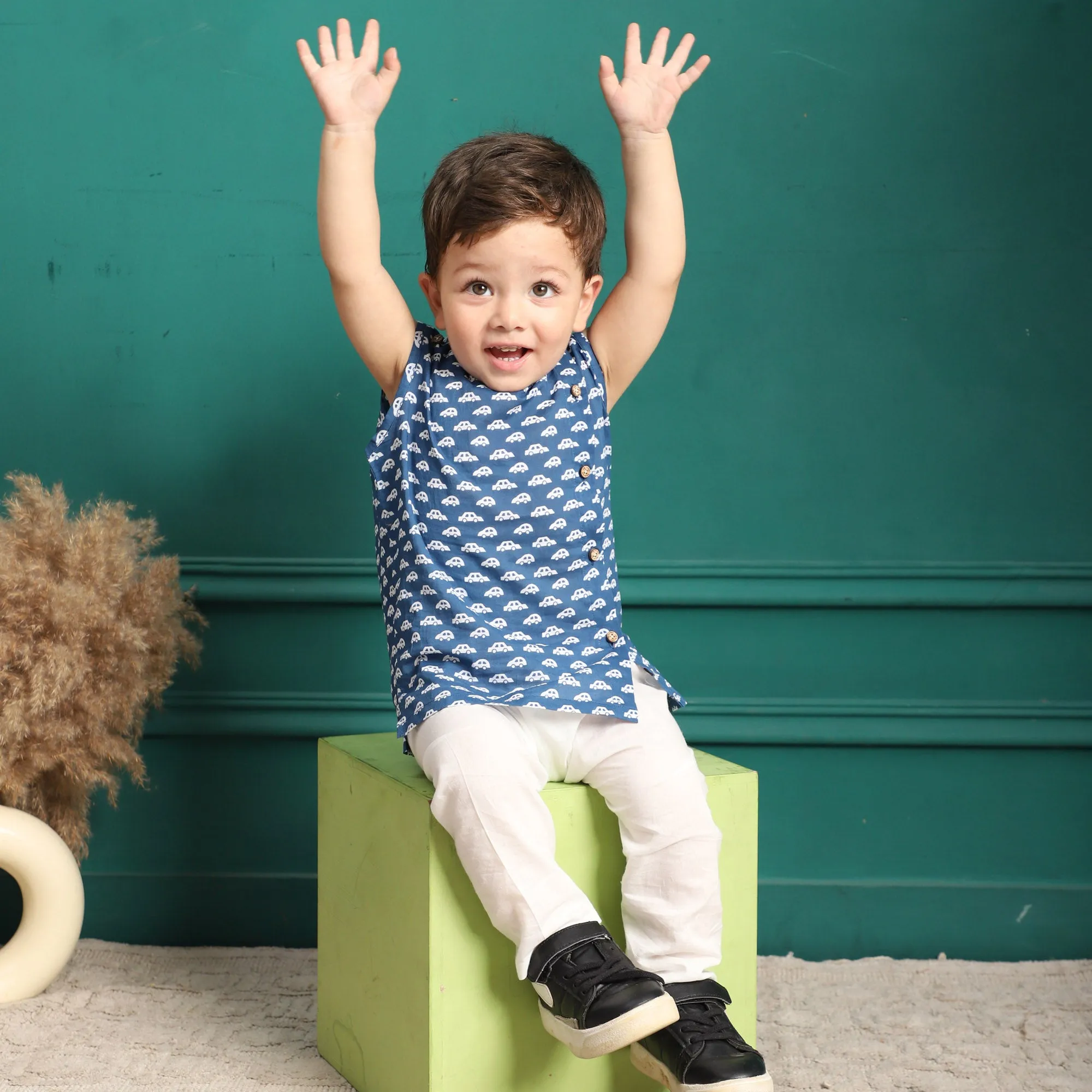 Polka Tots Car Print Sleeveless Jhabla and Pant Set - Navy Blue