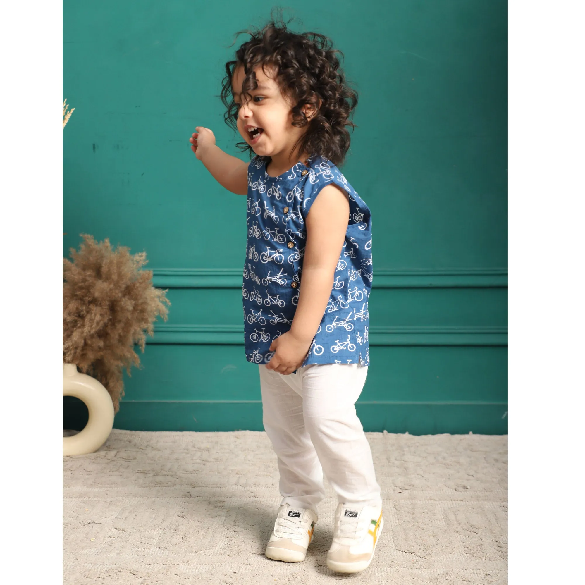 Polka Tots  Cycle Print Sleeveless Jhabla and Pant Set - Navy Blue