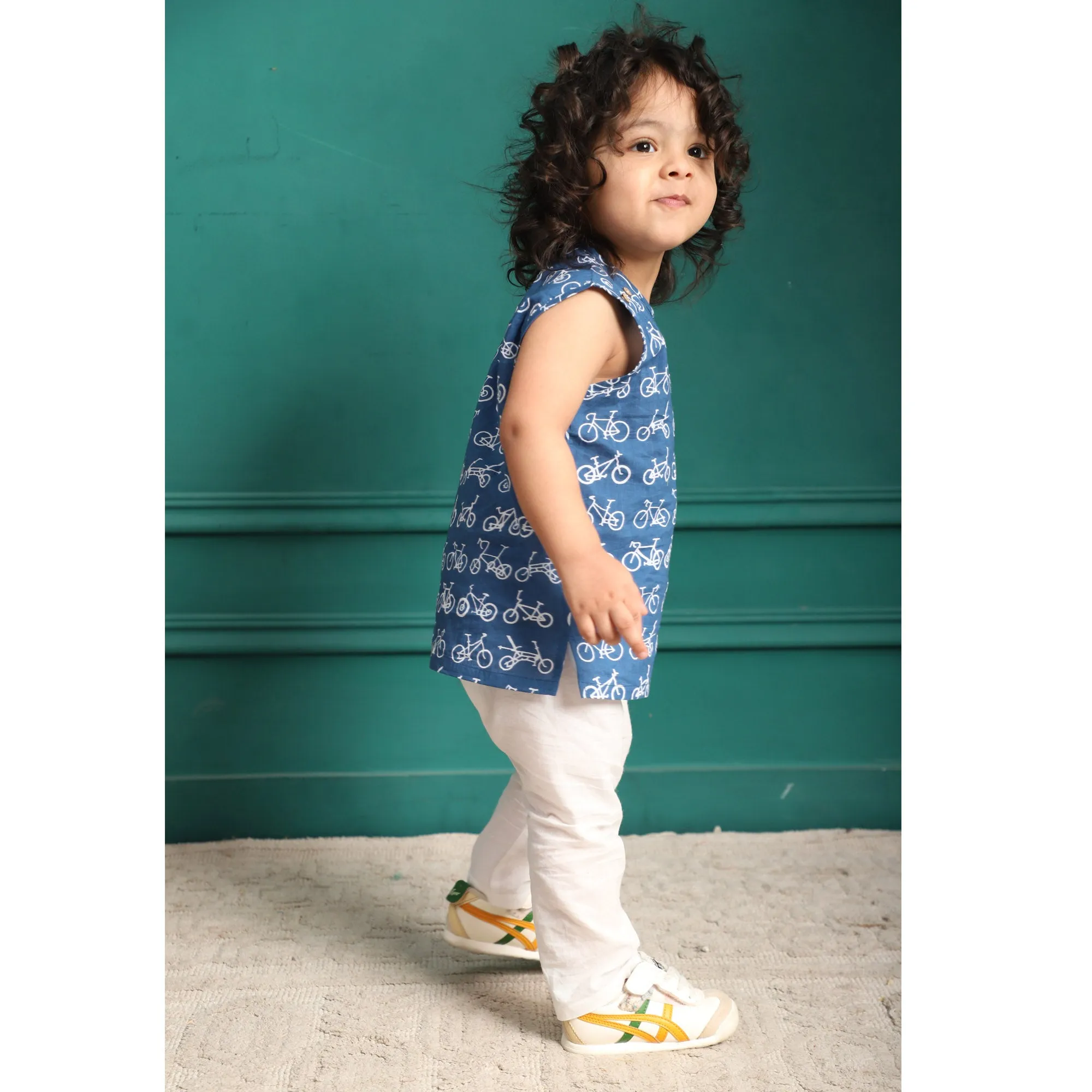 Polka Tots  Cycle Print Sleeveless Jhabla and Pant Set - Navy Blue