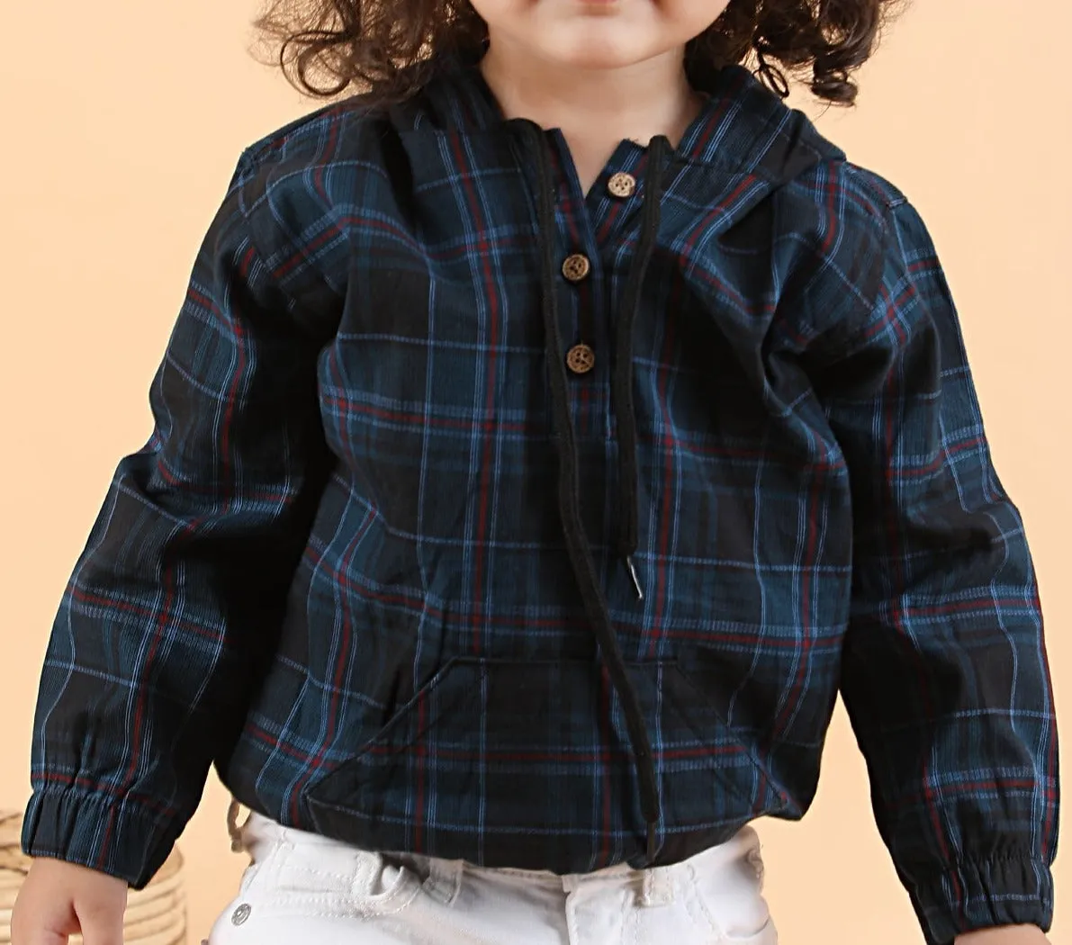 Polka Tots Full Sleeves Checks print Hooded Shirt - Dark Blue