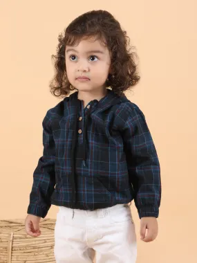 Polka Tots Full Sleeves Checks print Hooded Shirt - Dark Blue