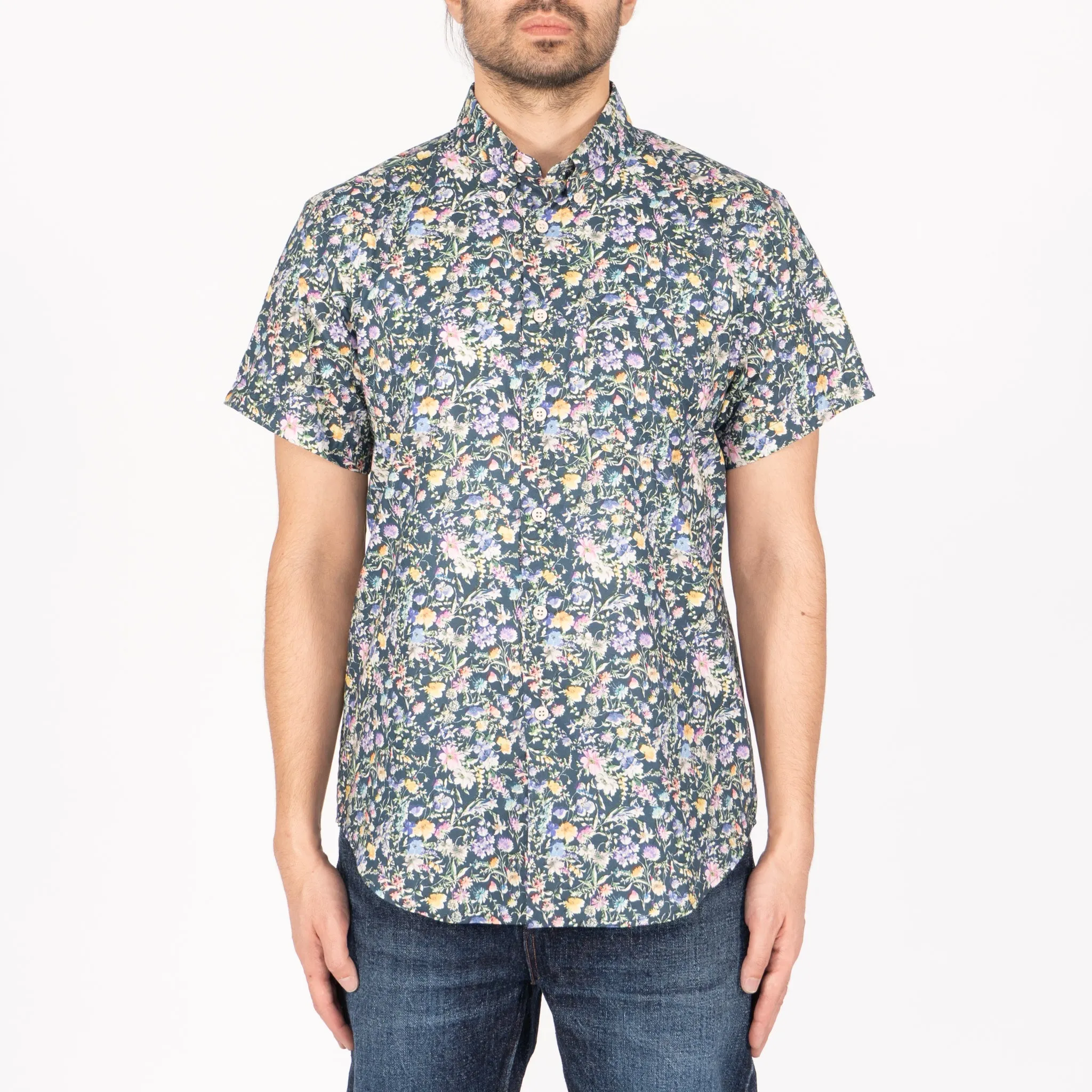 Short Sleeve Easy Shirt - Flower Painting - Navy