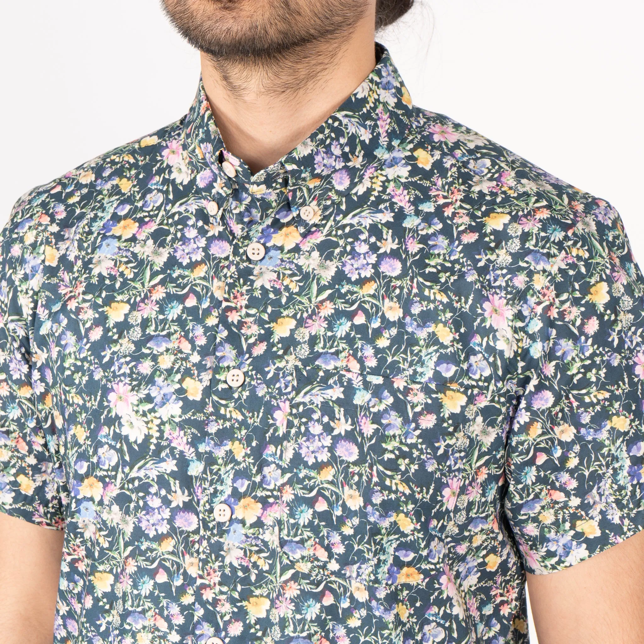 Short Sleeve Easy Shirt - Flower Painting - Navy