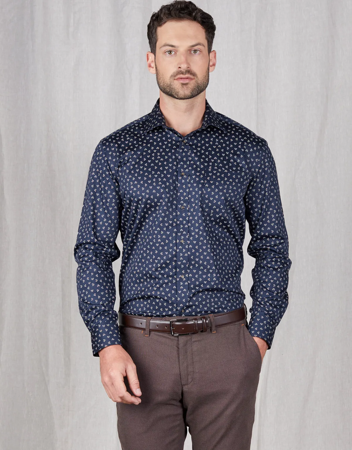 Sinatra Navy & Yellow Autumn Leaves Print Shirt