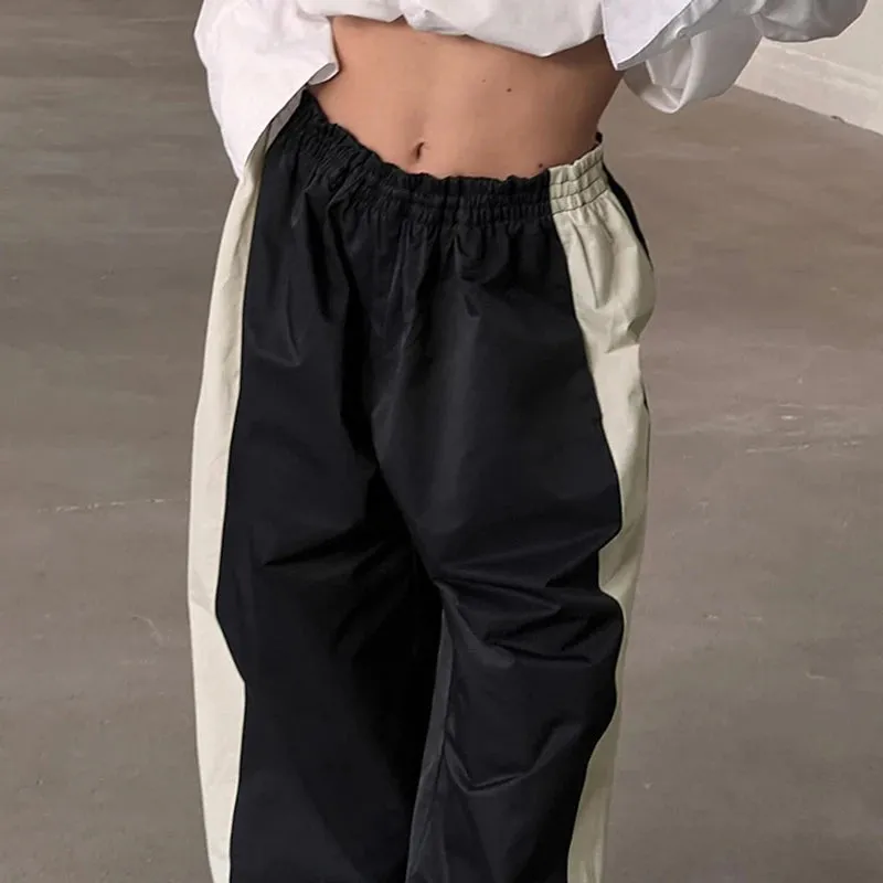 Streetwear Oversized Drawstring Baggy Pants Women Casual Patched Sporty Chic Joggers Harajuku Tech Trousers Contrast