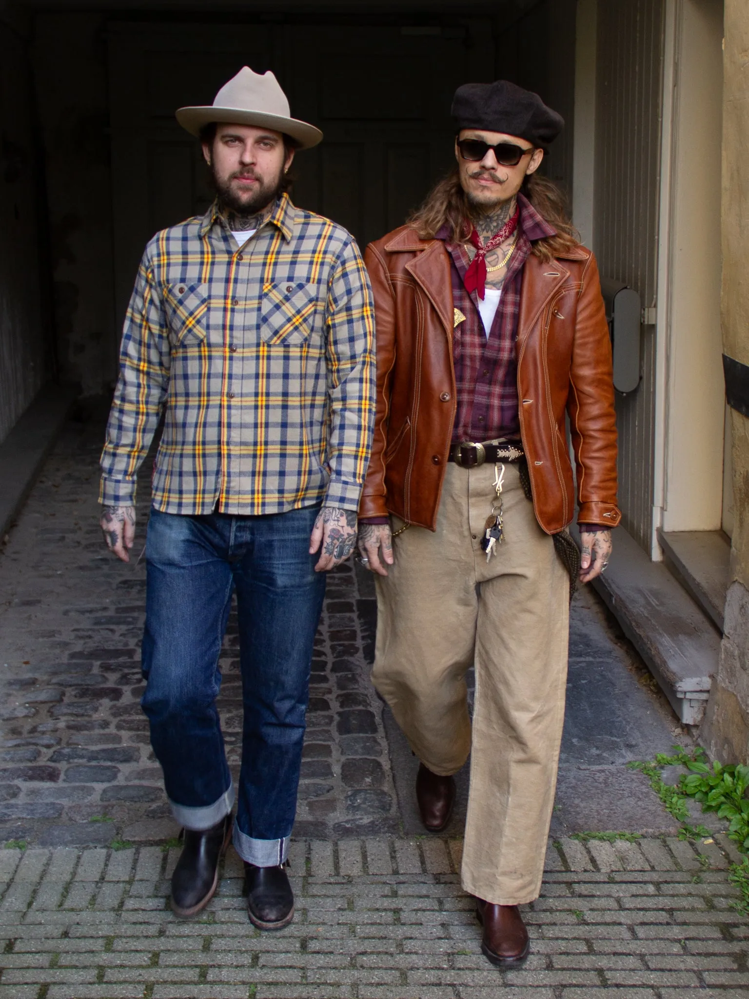 Sugar Cane, Twill Check Work Shirt, Beige