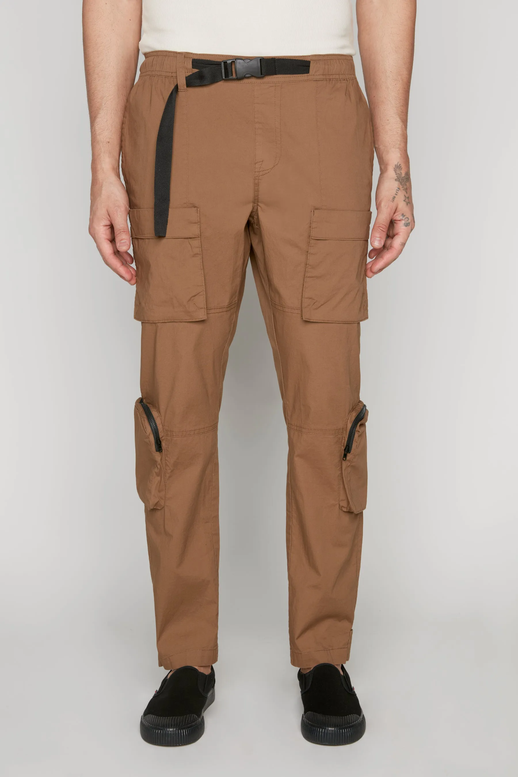 TRAVIS - Utility Cargo Stretch Poplin Pants with Adjustable Hem - Tobacco