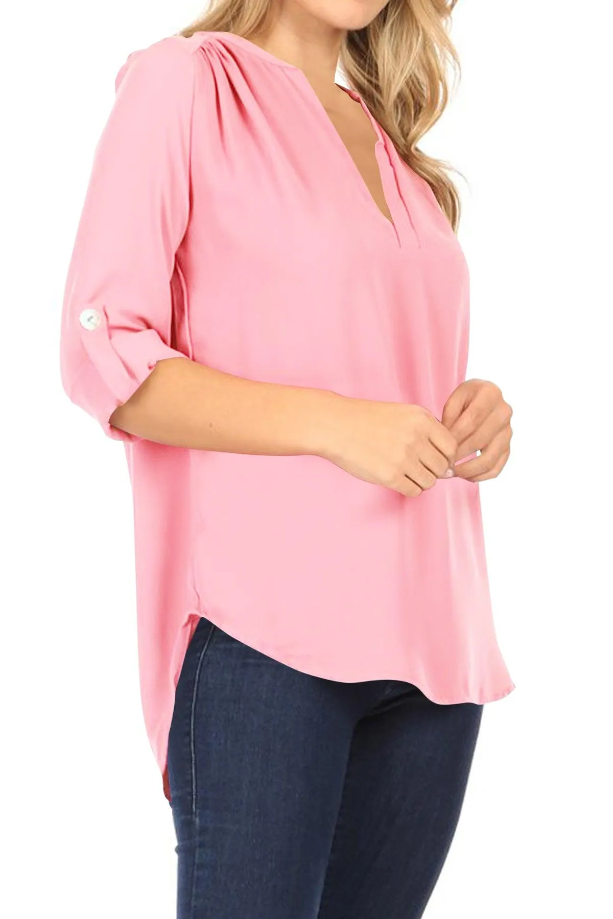 Women's Casual V-Neck Woven Roll Up Sleeve Lightweight Relaxed Fit Office Blouse Top