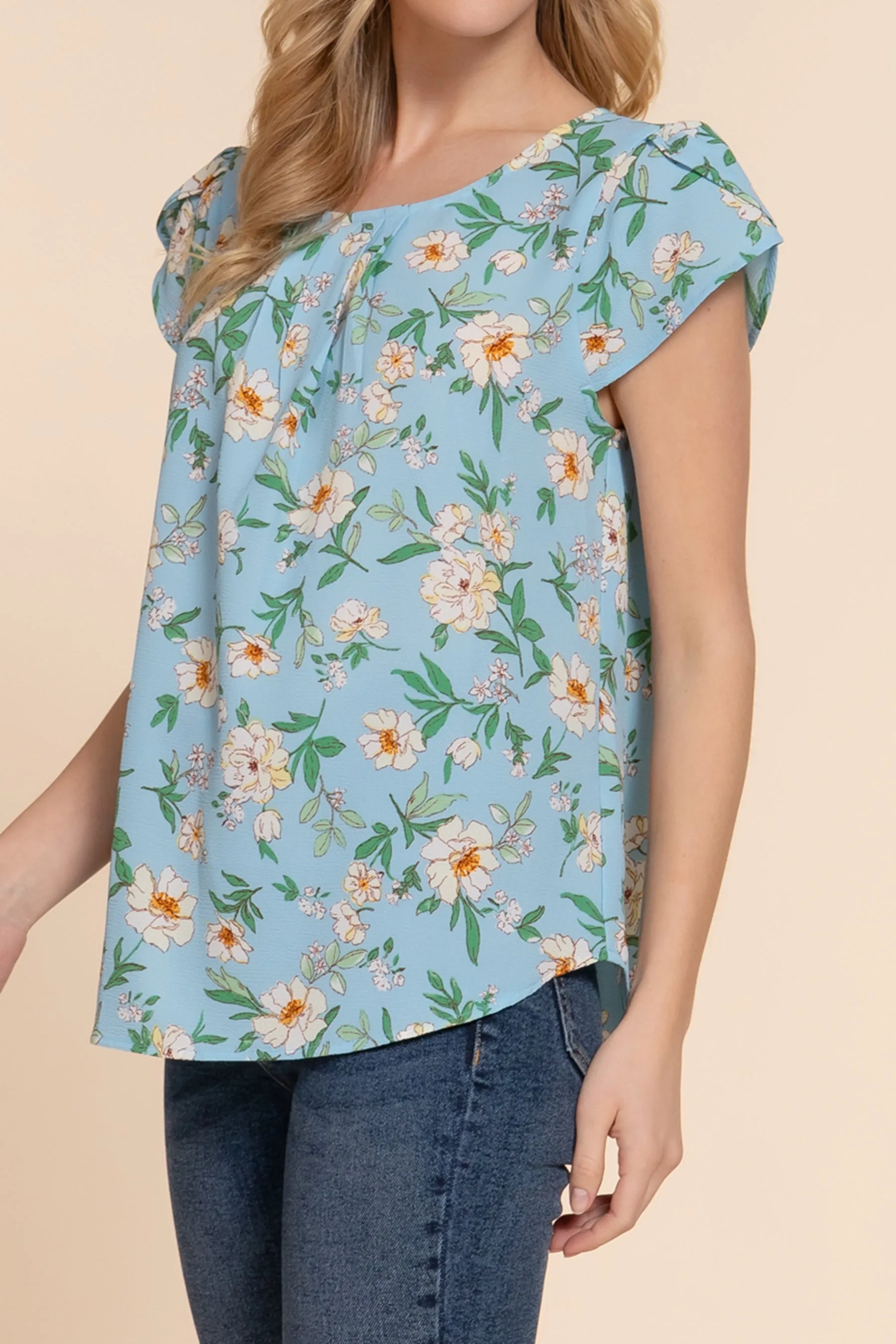 Women's Floral Print Woven Top with Short Tulip Sleeves Round Neck