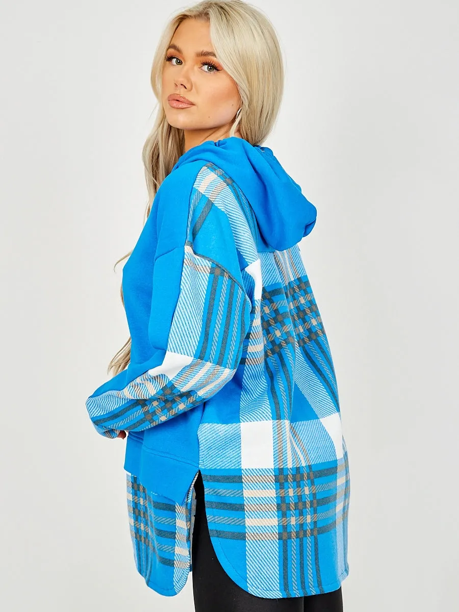 Zola Royal Blue Check Tartan Contrast Hoodie